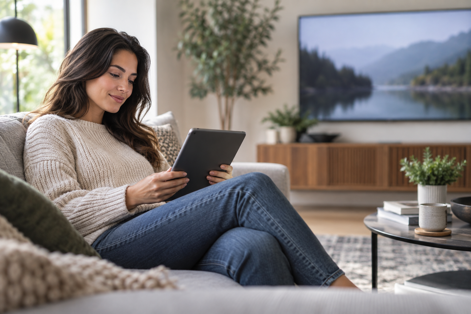 AI 생성 이미지: 거실 소파에서 태블릿을 보는 성인과 배경의 TV