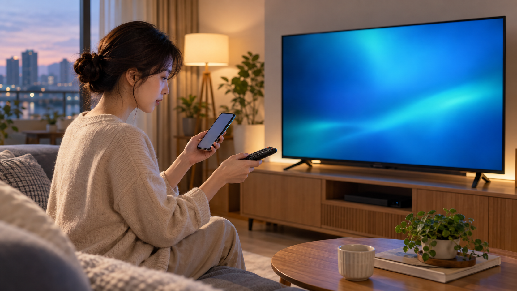 AI 생성 이미지: 성인이 휴대폰과 리모컨으로 추상적인 TV 로그인 화면을 확인하는 거실 장면
