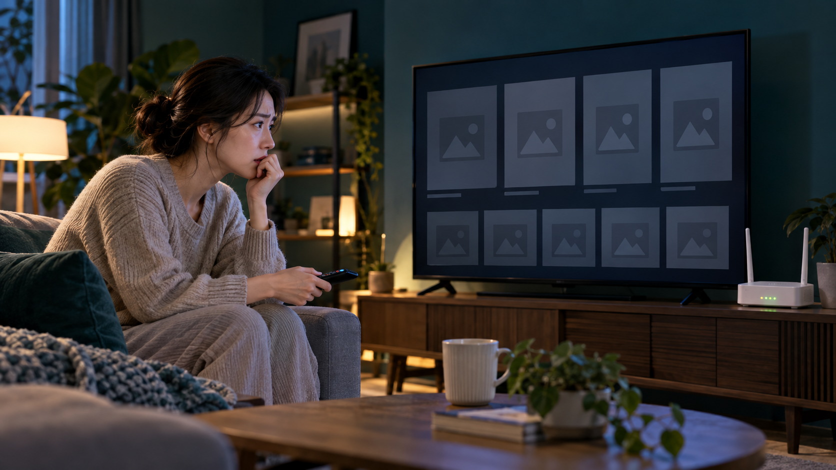 AI 생성 이미지: TV의 이미지 미표시 상황과 공유기 연결 상태를 확인하는 성인