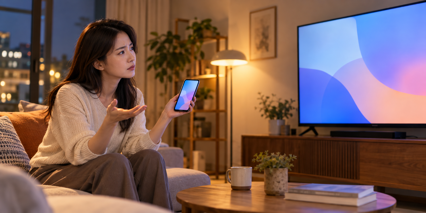AI 생성 이미지: 거실에서 스마트폰과 TV를 번갈아 확인하는 성인