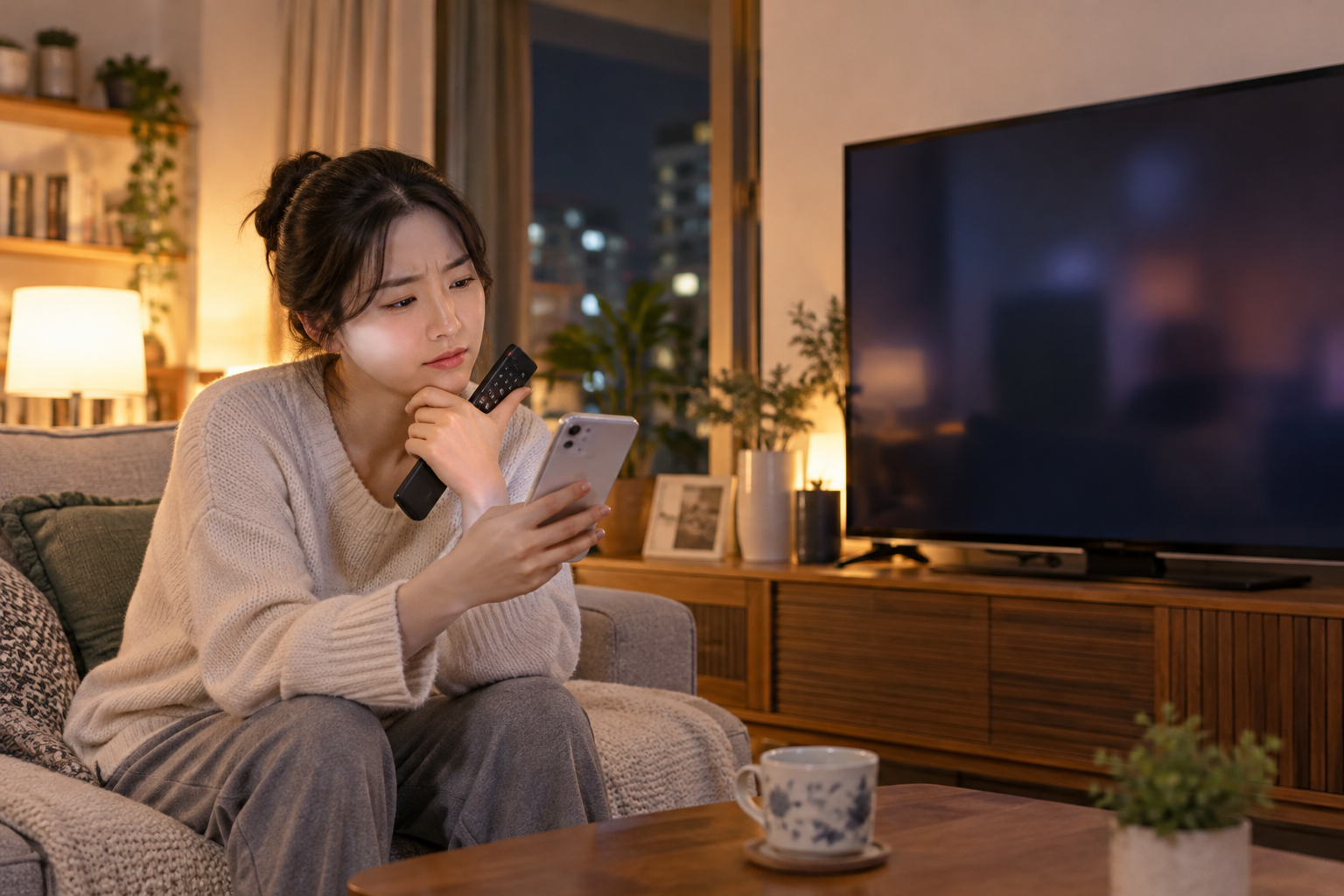 AI 생성 이미지: 성인이 거실에서 스마트폰과 리모컨으로 TV 시청 문제를 확인하는 장면