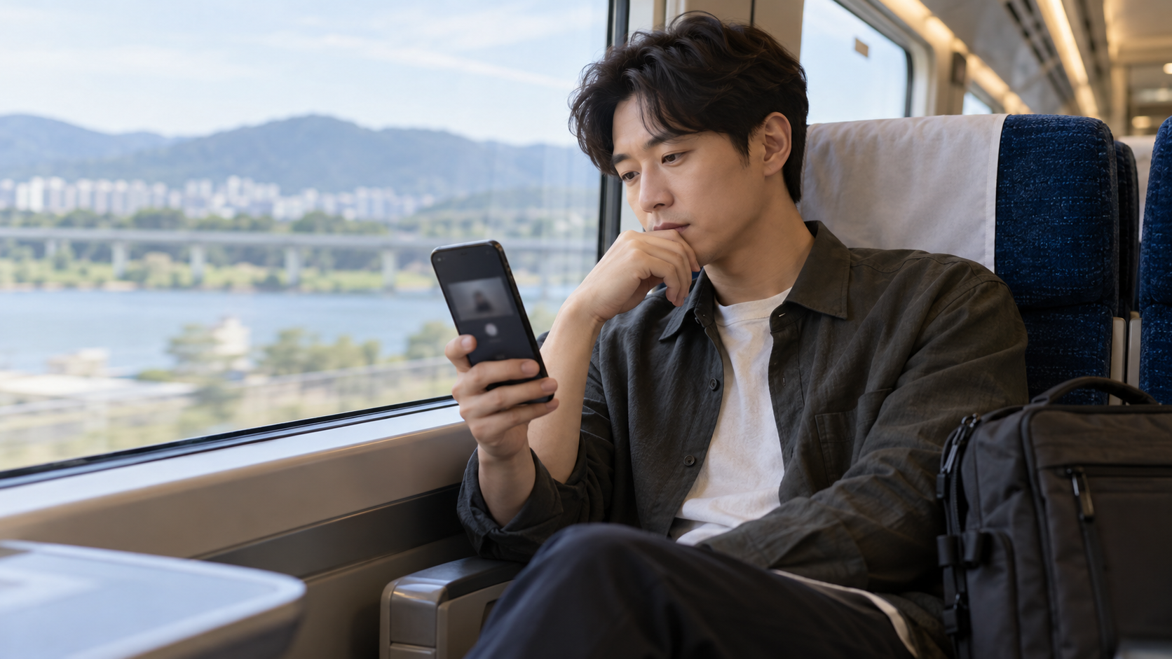 AI 생성 이미지: 이동 중 휴대전화의 저장 영상을 확인하는 사람의 장면