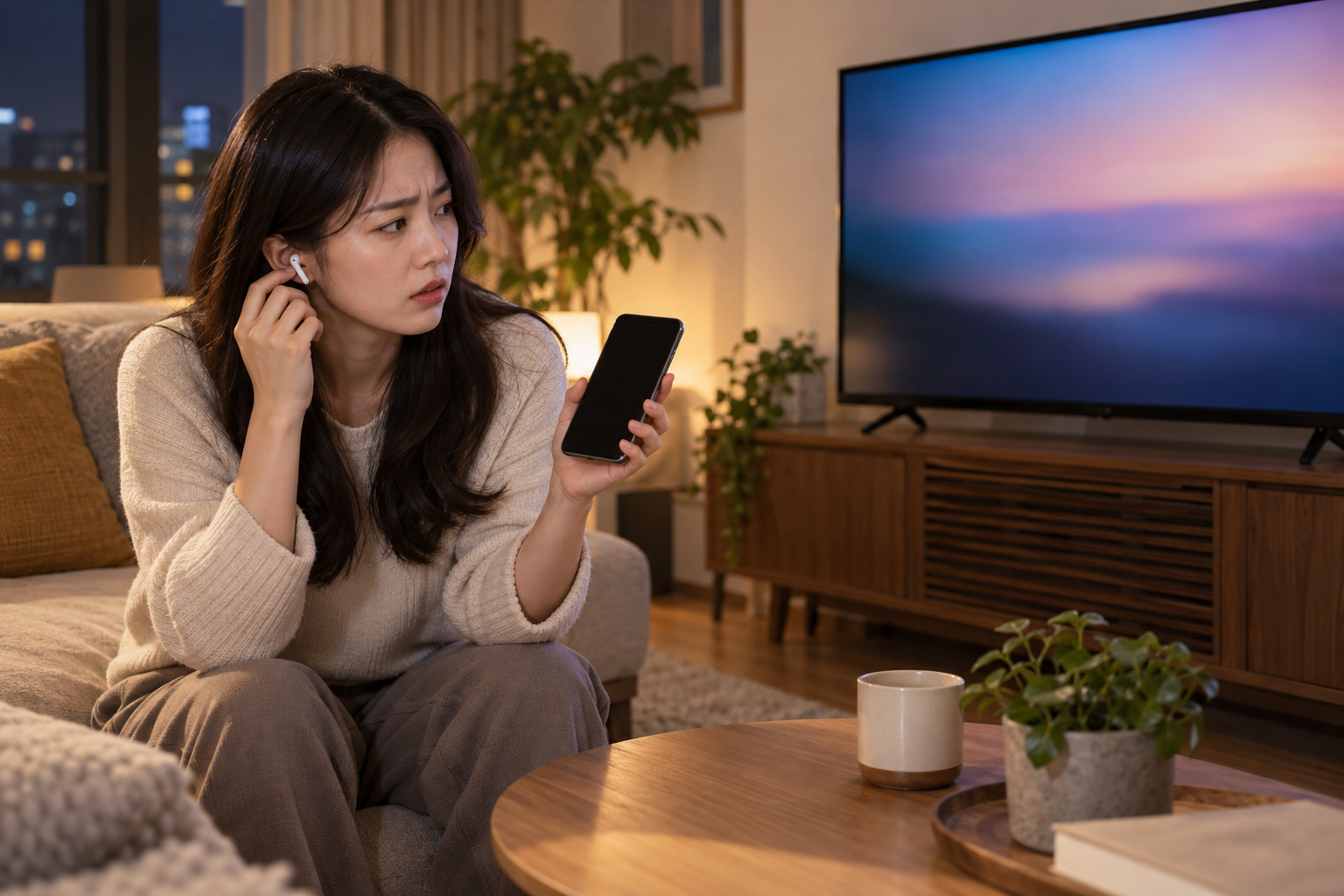 AI 생성 이미지: 성인이 거실에서 검은 스마트폰 화면과 TV를 번갈아 확인하는 장면