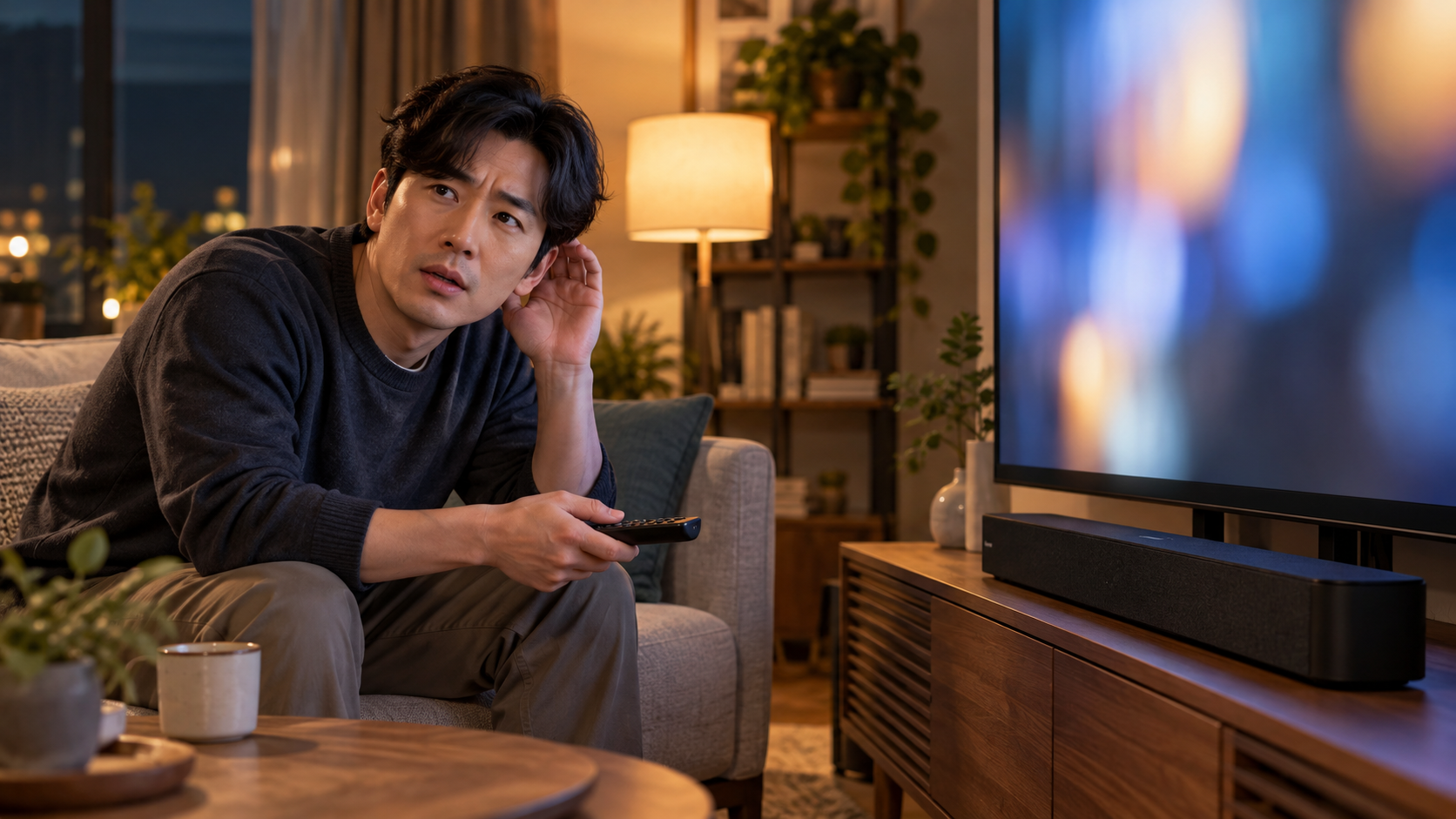 AI 생성 이미지: 성인 시청자가 거실에서 TV와 사운드바 소리를 비교해 확인하는 장면