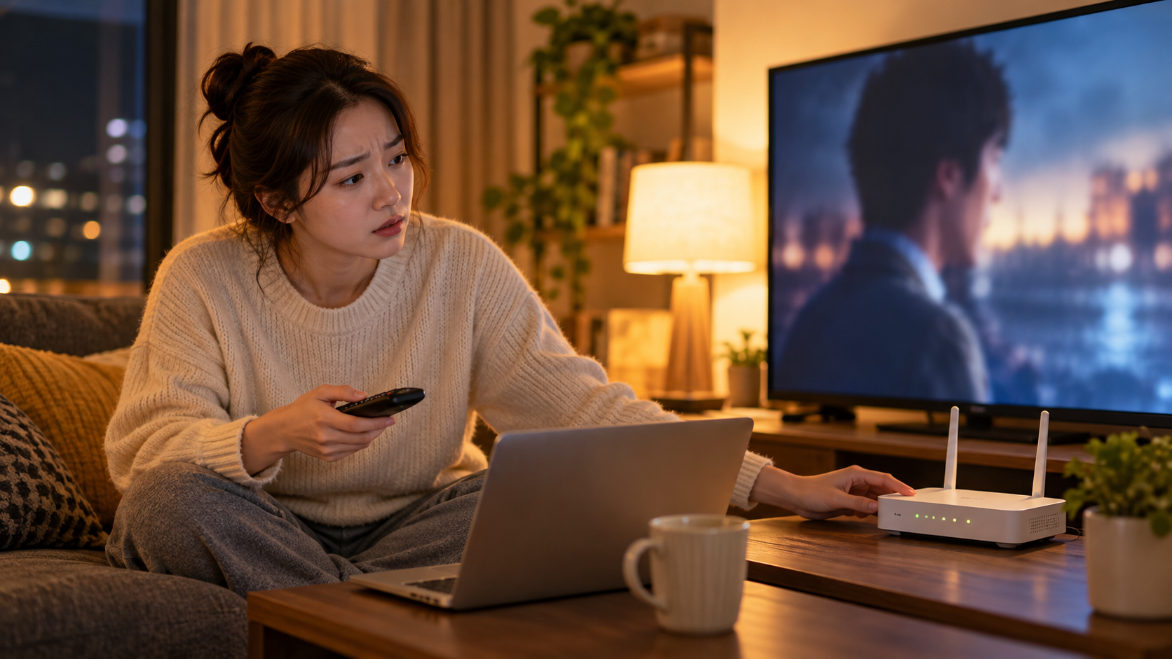AI 생성 이미지: 성인이 리모컨과 공유기를 함께 확인하며 흐릿한 TV 화면을 살펴보는 장면