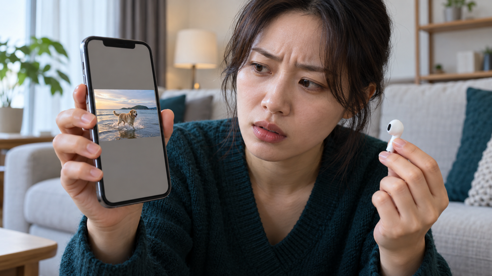 AI 생성 이미지: 성인이 영상이 보이는 휴대폰과 무선 이어버드를 확인하는 모습