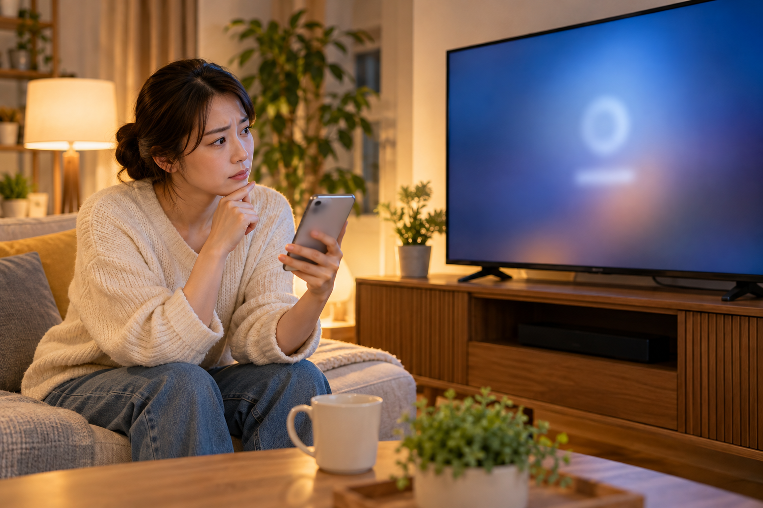AI 생성 이미지: 성인이 스마트폰을 확인하며 TV와 웨이브 로그인 연결 상태를 점검하는 거실 장면