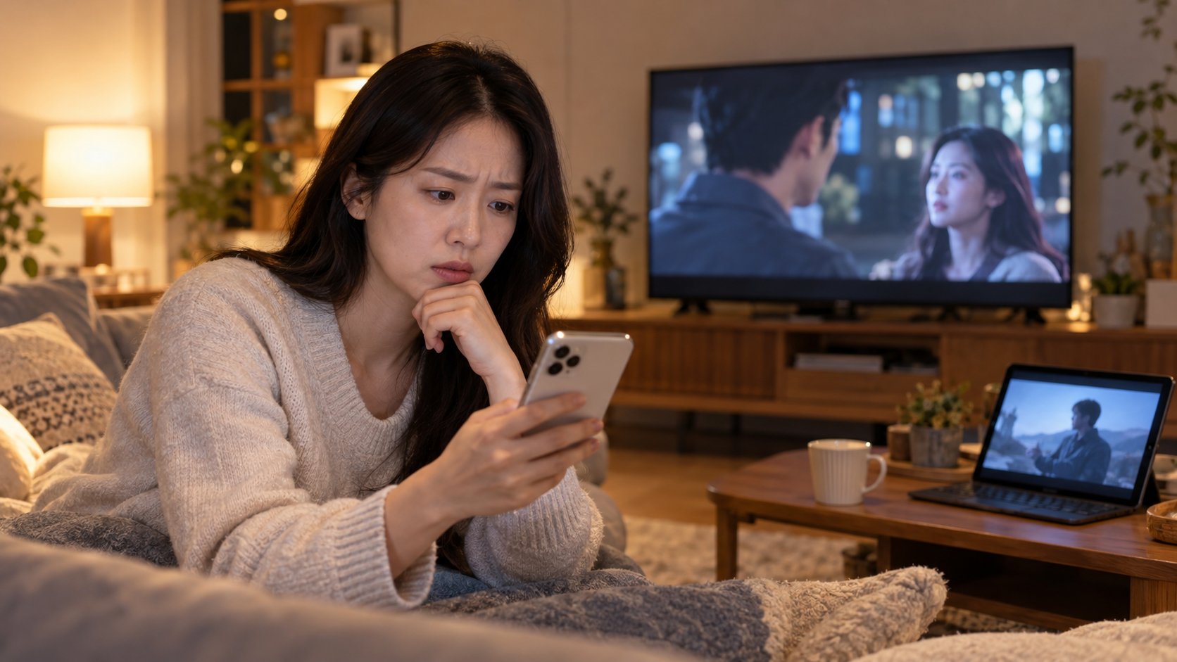 AI 생성 이미지: 성인이 스마트폰을 확인하는 동안 TV와 노트북에서 영상이 재생 중인 거실 장면