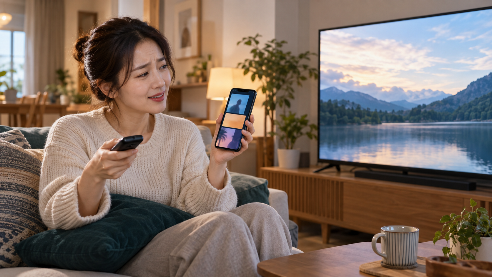 AI 생성 이미지: 성인 시청자가 거실에서 리모컨과 휴대전화를 들고 TV 영상 시청 중 광고 노출 문제를 확인하는 장면