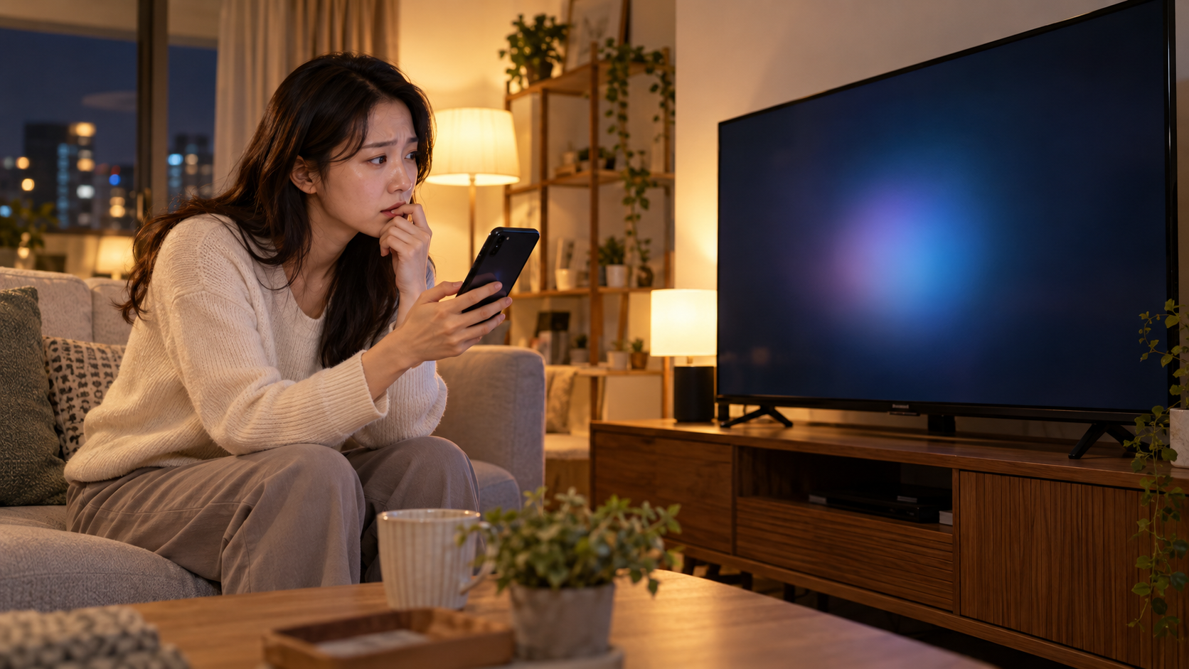 AI 생성 이미지: 성인이 스마트폰과 TV를 함께 확인하며 남은 계정 문제를 살피는 장면