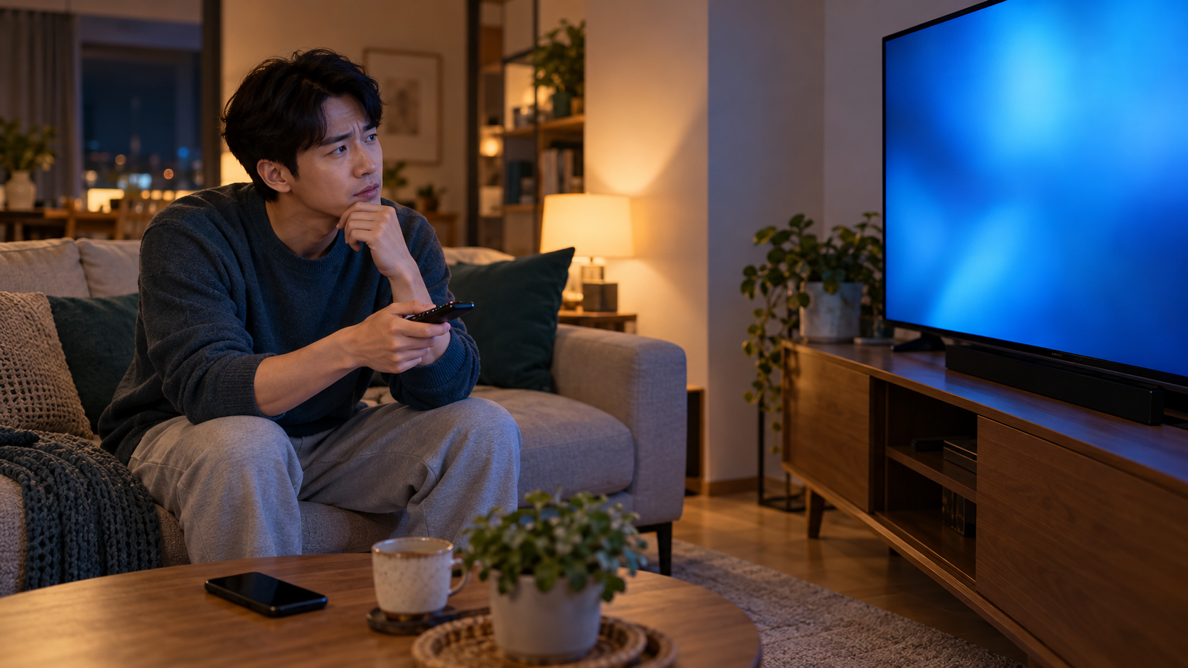 AI 생성 이미지: 성인이 거실에서 TV와 리모컨을 살피며 시청 차단 상황을 고민하는 장면