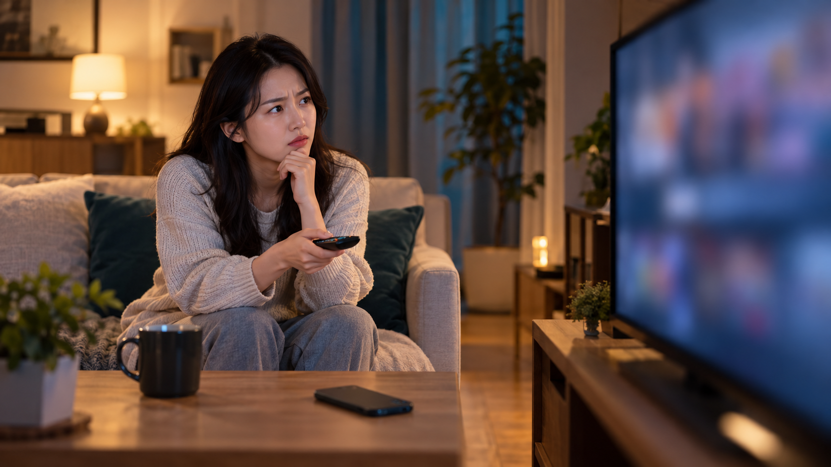 AI 생성 이미지: 성인이 리모컨을 들고 흐릿한 TV 화면을 살펴보며 고민하는 장면