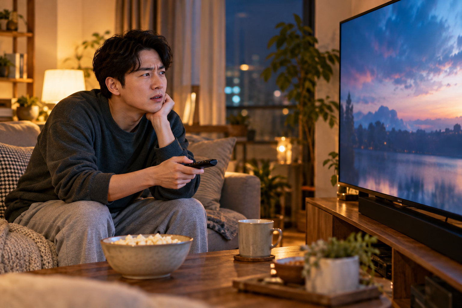 AI 생성 이미지: 거실 소파에서 리모컨을 든 시청자가 TV를 바라보는 장면