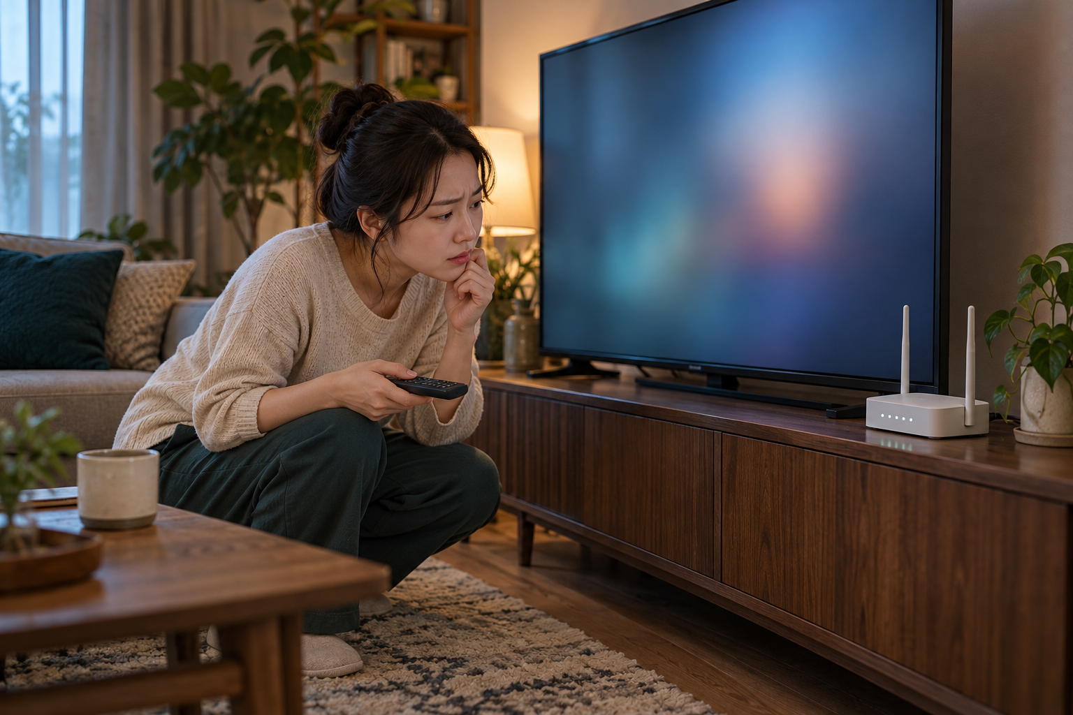 AI 생성 이미지: 거실에서 TV 화질 문제를 확인하는 성인 시청자와 리모컨, 공유기