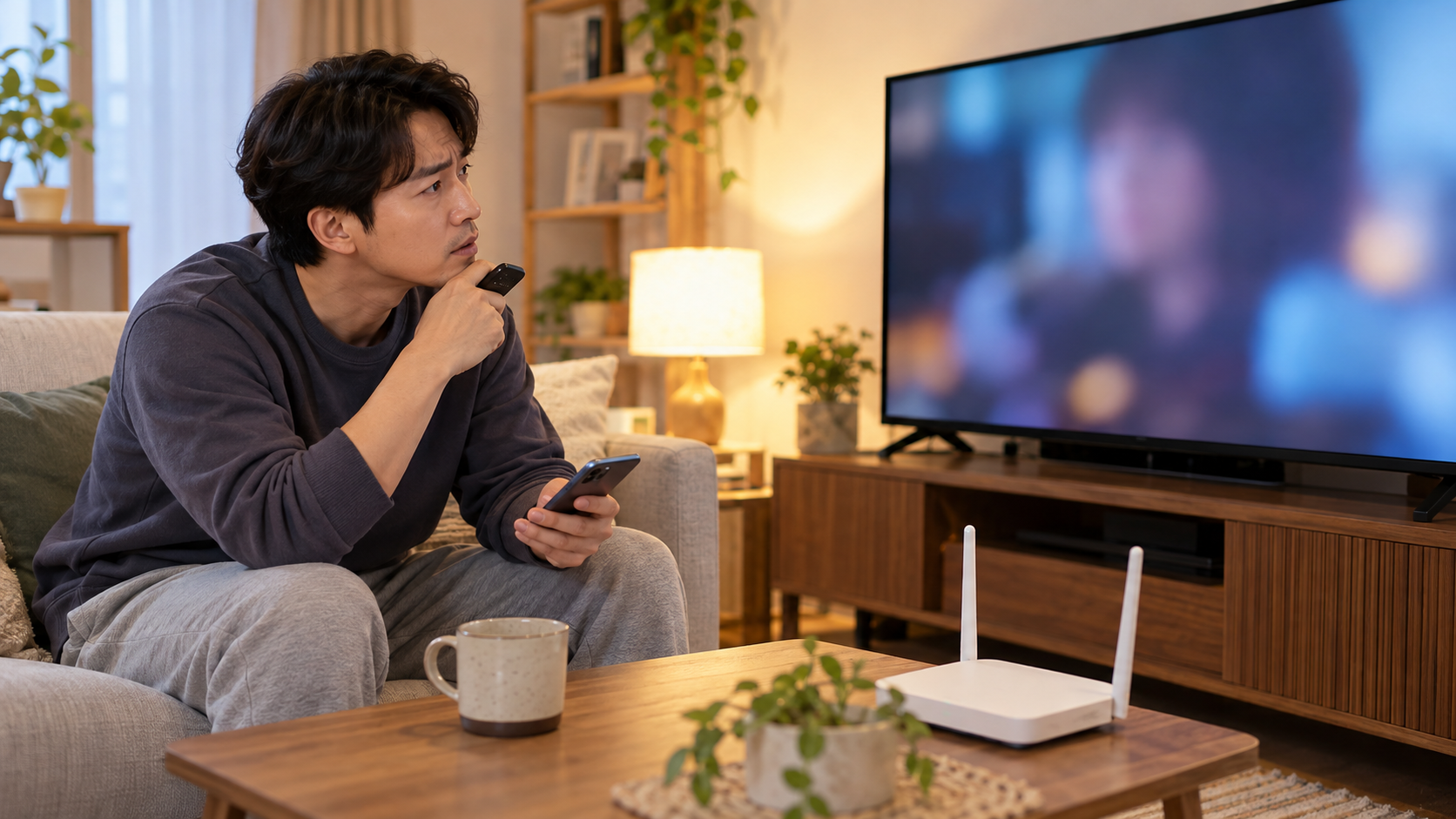 AI 생성 이미지: 성인이 리모컨과 스마트폰으로 멈춘 TV 화면과 공유기를 함께 확인하는 장면