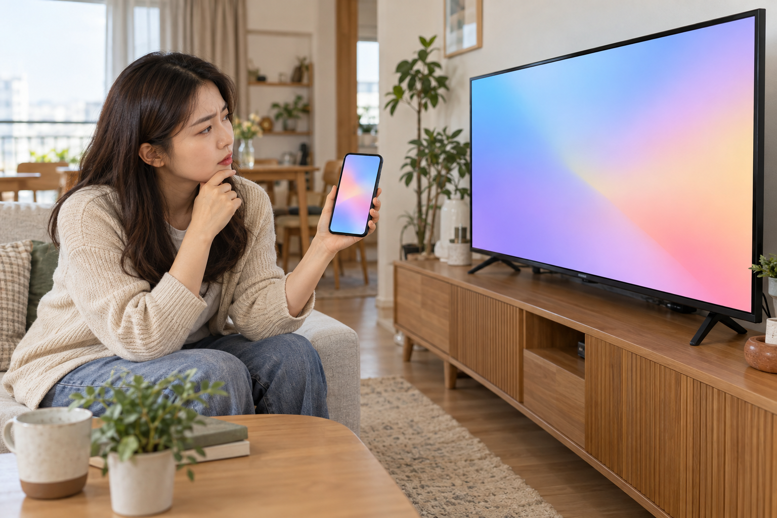 AI 생성 이미지: 성인이 거실에서 스마트폰과 TV를 함께 확인하는 장면