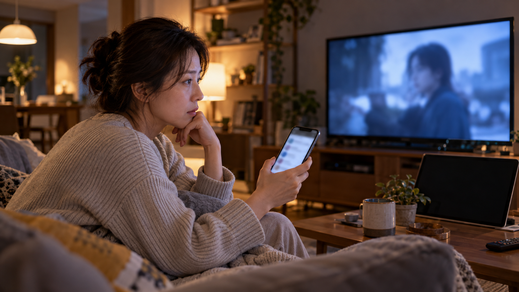 AI 생성 이미지: TV와 휴대전화 기기 상태를 살피는 사람의 장면