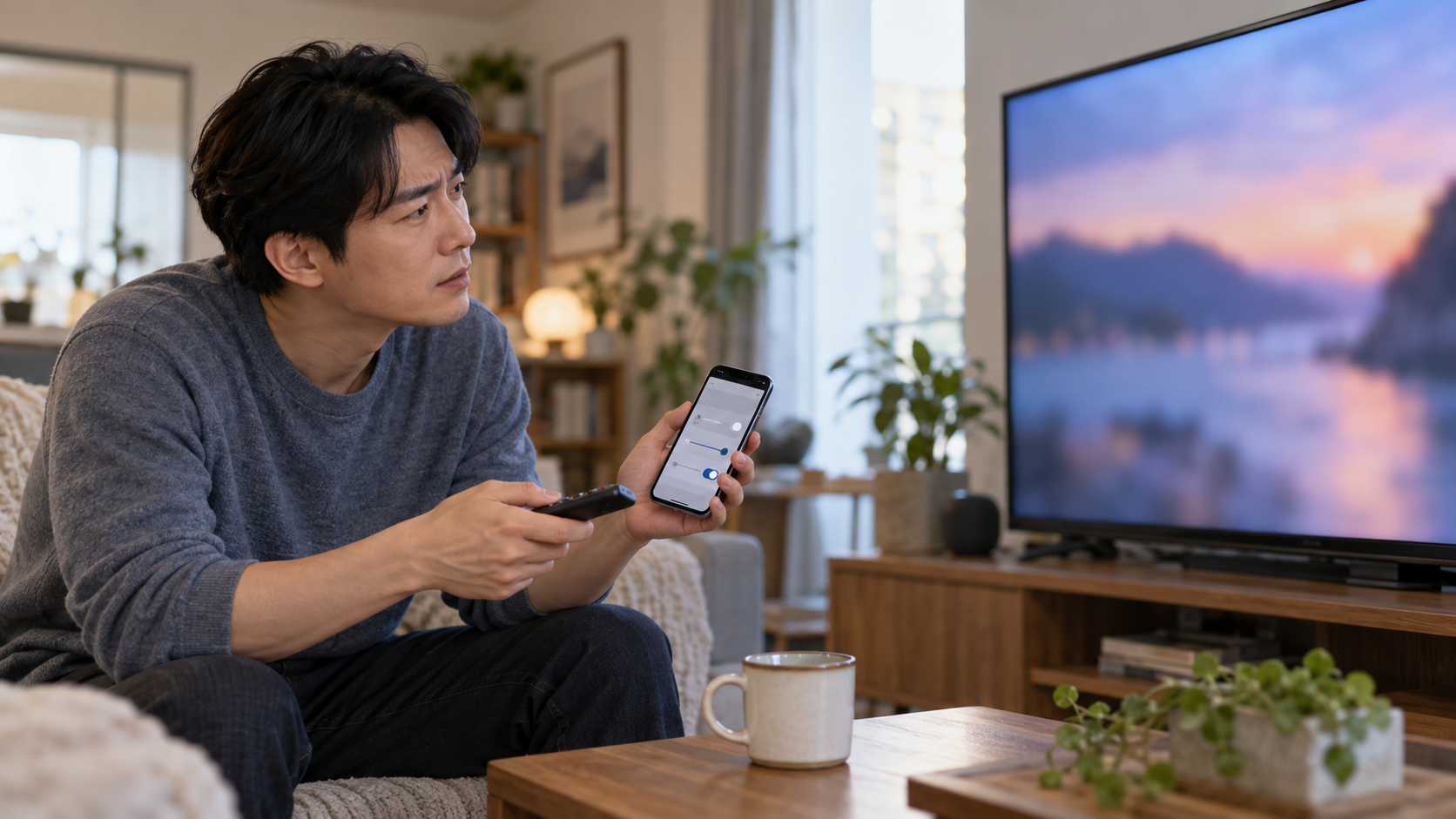 AI 생성 이미지: 성인 시청자가 리모컨과 휴대전화로 TV 화질 설정을 살펴보는 장면