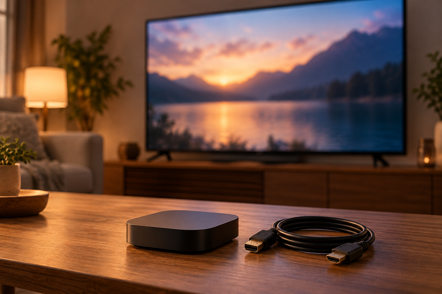 AI 생성 이미지: 거실 TV의 흐릿한 화면과 스트리밍 기기·HDMI 케이블을 함께 보여주는 모습