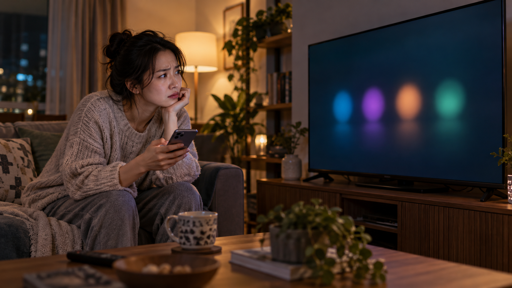 AI 생성 이미지: 성인이 거실에서 스마트폰을 들고 추상적인 프로필 화면의 TV를 살피는 장면