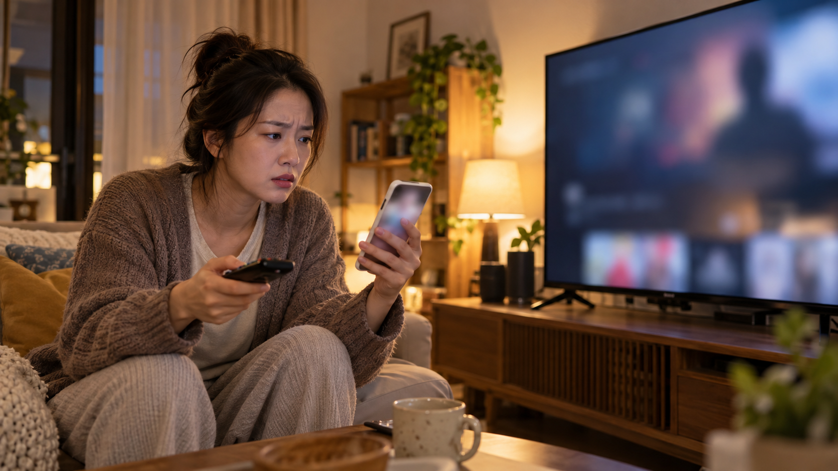 AI 생성 이미지: 성인이 거실에서 TV와 스마트폰·리모컨을 함께 확인하며 작품 재생 문제를 살피는 장면