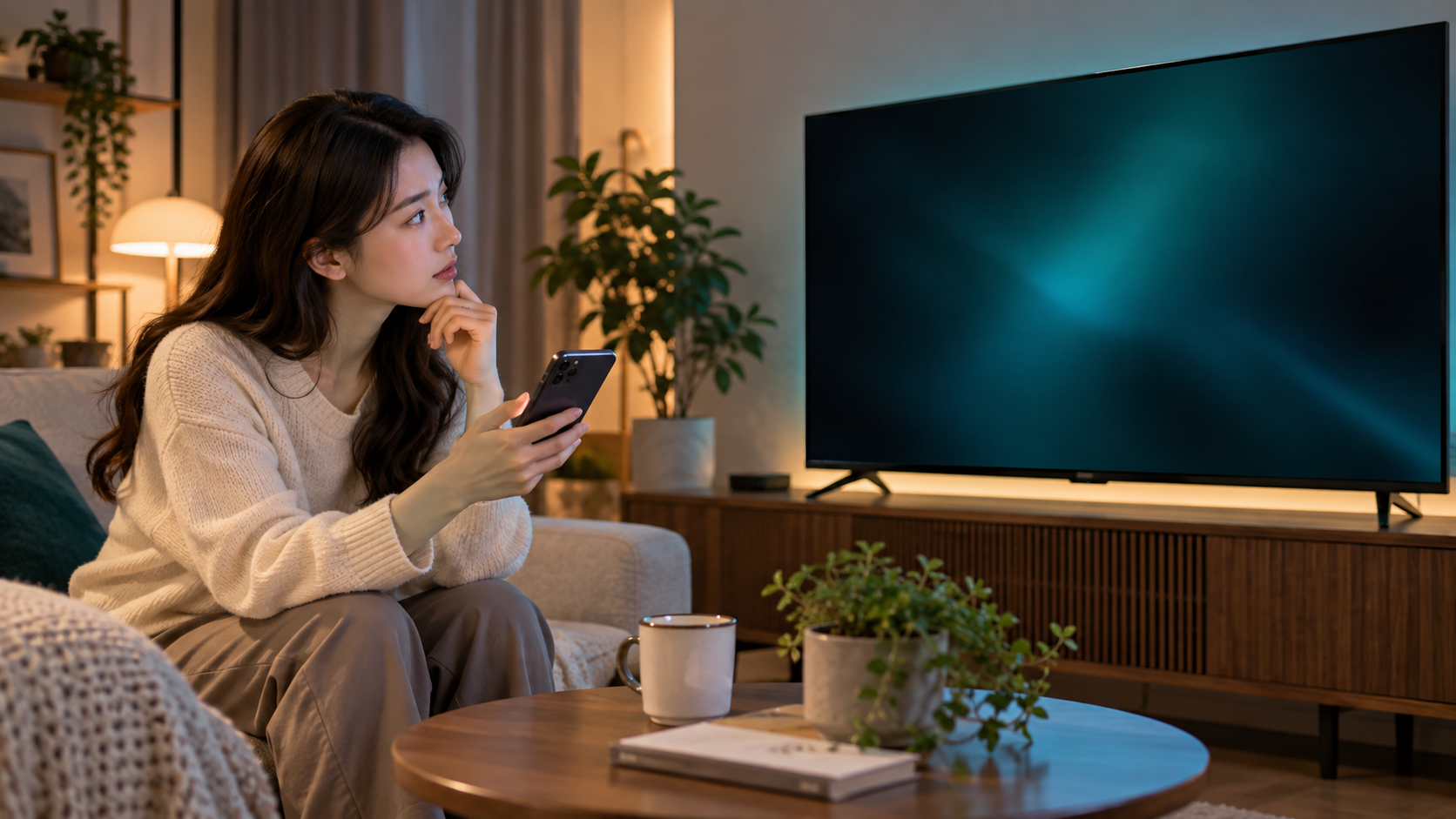 AI 생성 이미지: 거실 TV와 휴대전화를 번갈아 확인하며 시청 경로를 비교하는 성인 사용자