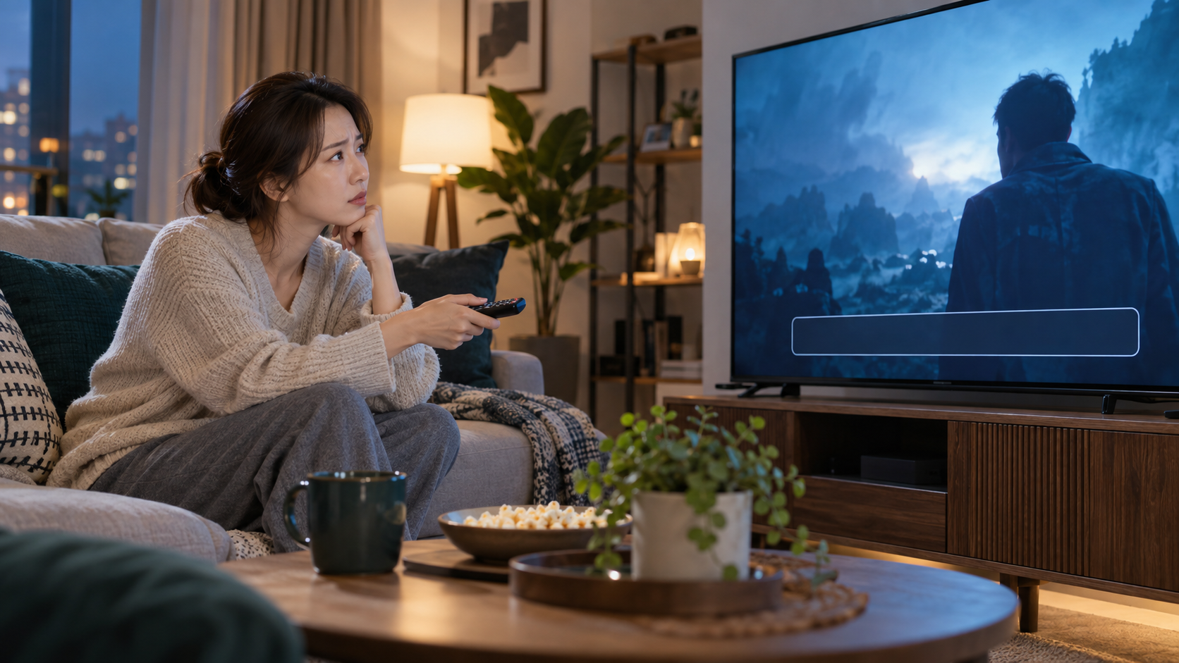 AI 생성 이미지: 성인 사용자가 TV의 빈 자막 영역을 리모컨으로 확인하는 모습