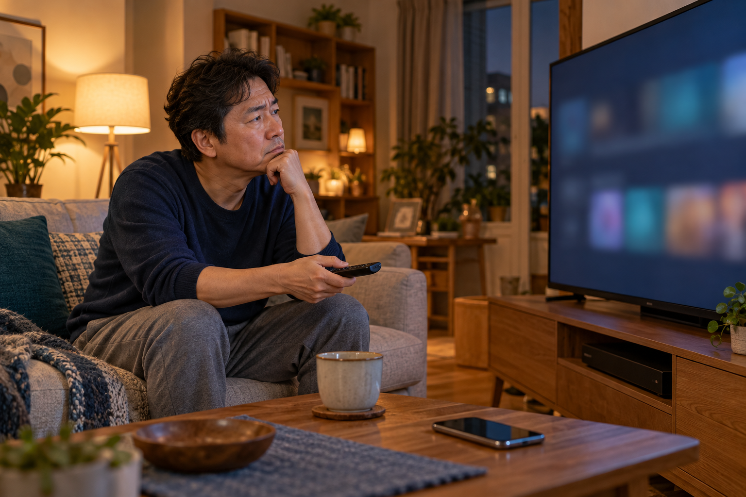 AI 생성 이미지: 거실에서 TV와 리모컨을 바라보며 시청 문제를 고민하는 성인