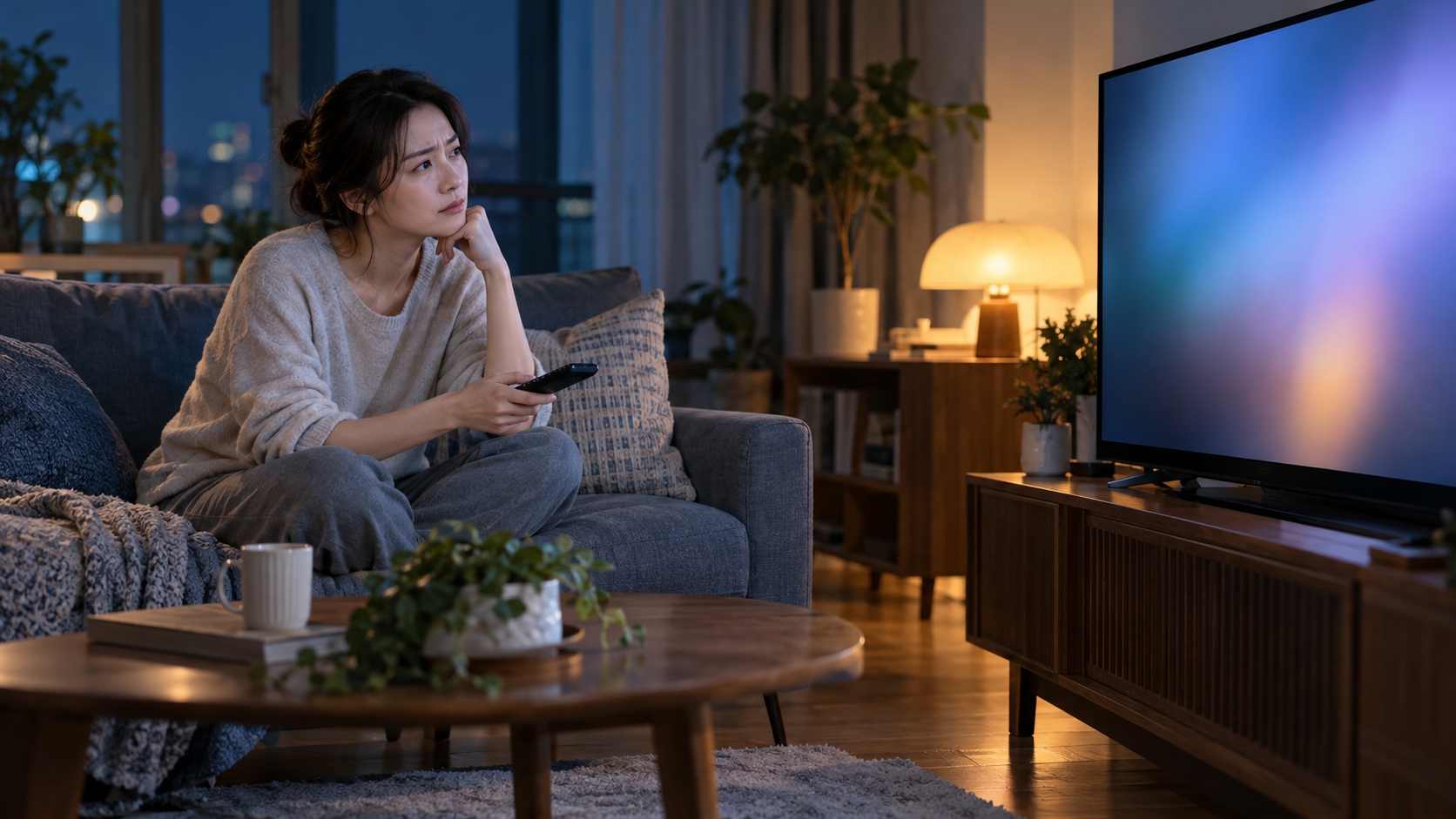 AI 생성 이미지: 성인이 거실에서 리모컨으로 스마트TV 재생 상태를 확인하는 장면