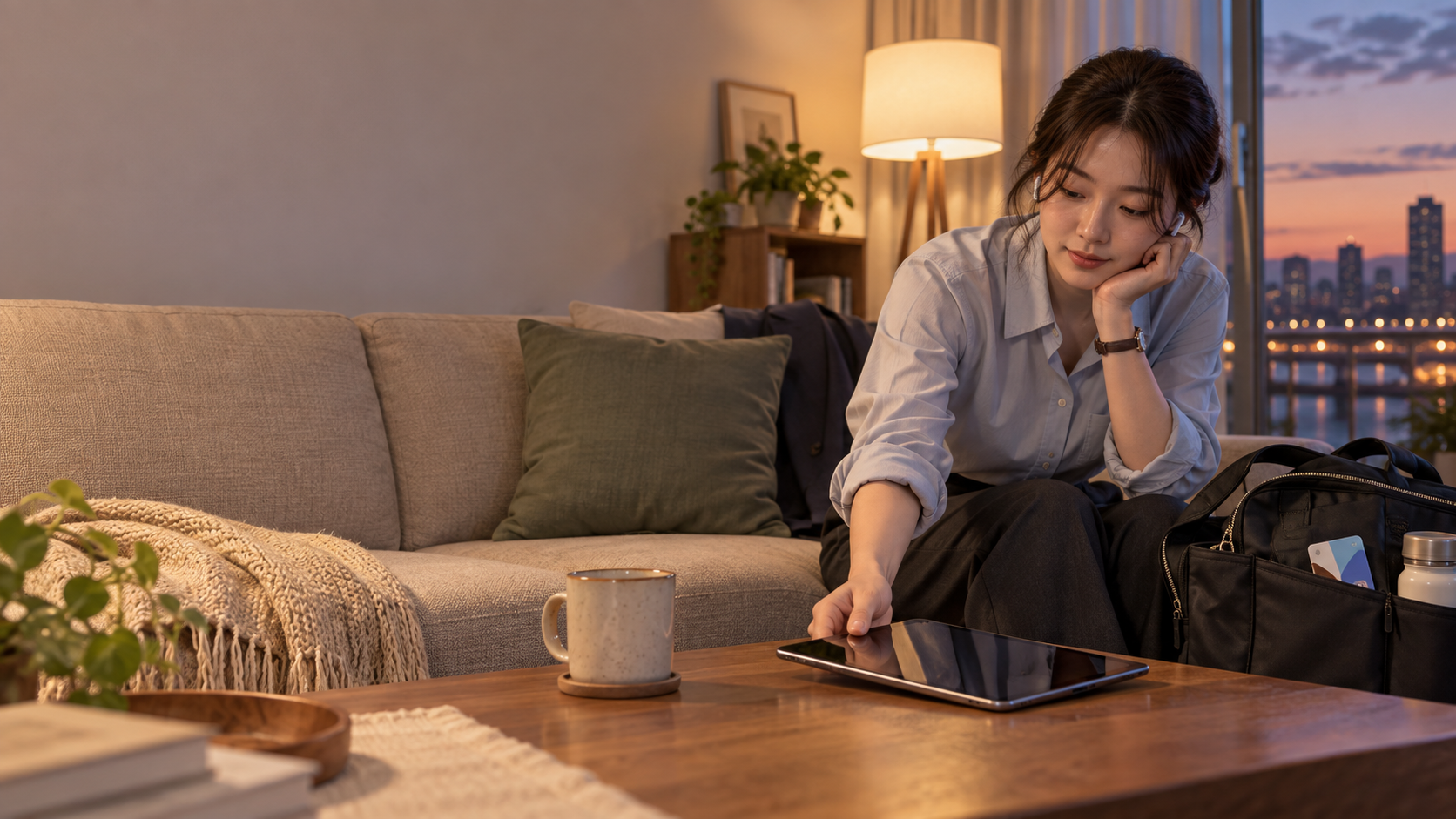 AI 생성 이미지: 오프라인으로 볼 콘텐츠를 준비하는 성인이 집에서 태블릿을 살펴보는 장면