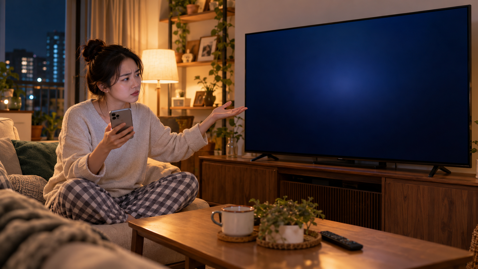 AI 생성 이미지: 거실 TV 로그인 화면과 휴대전화를 번갈아 확인하는 성인의 모습